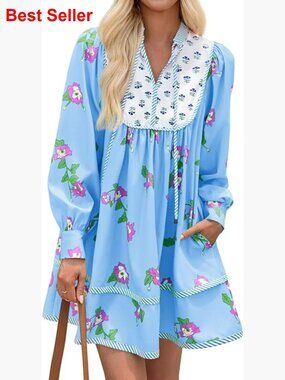 Floral Mini Dress Long Sleeve V Neck Patchwork Loose Boho Casual